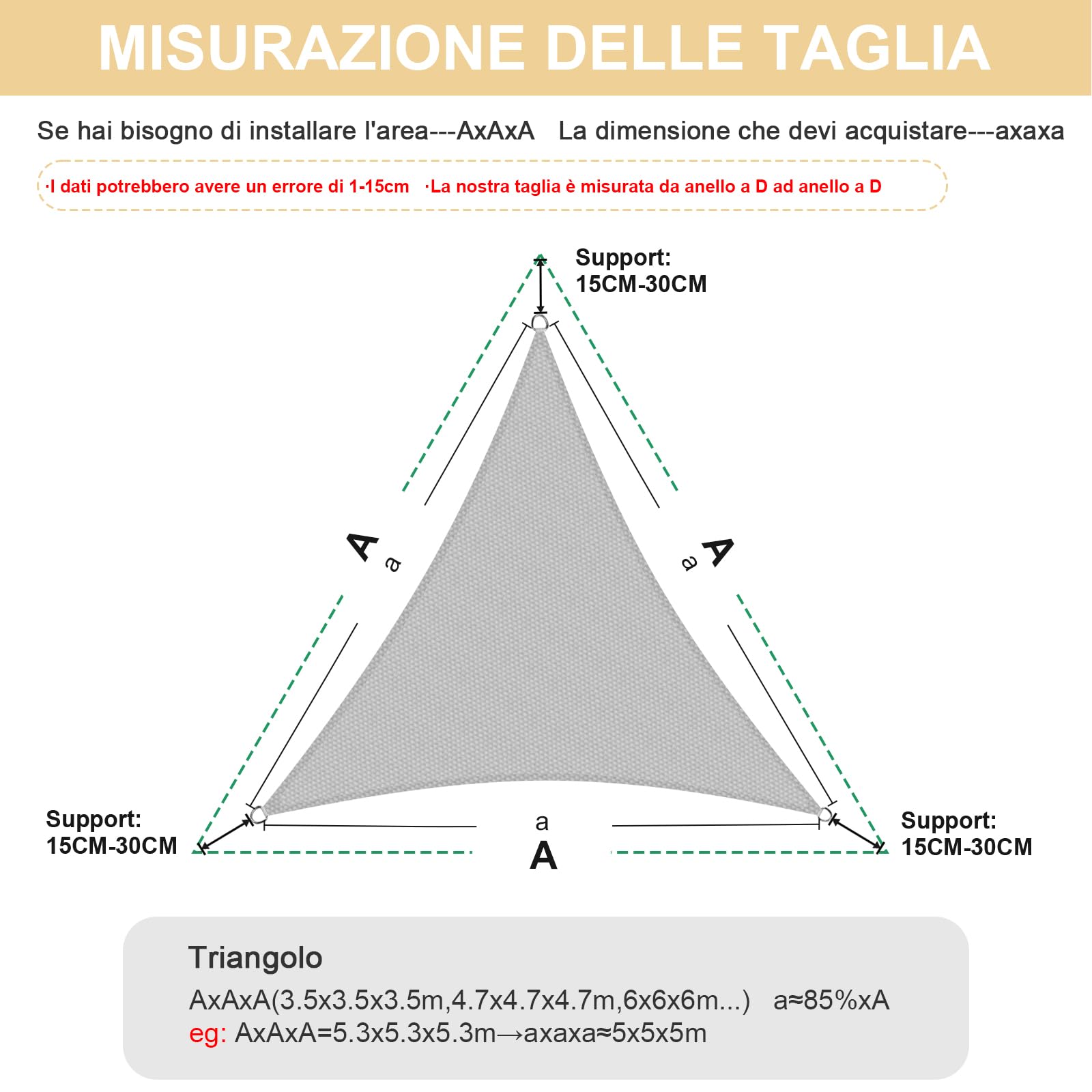 HENG FENG Tenda a Vela Impermeabile Triangolare 5X5X5m Vela Ombreggiante Parasole Protezione Raggi UV per Esterno Giardino terrazza Colore Beige