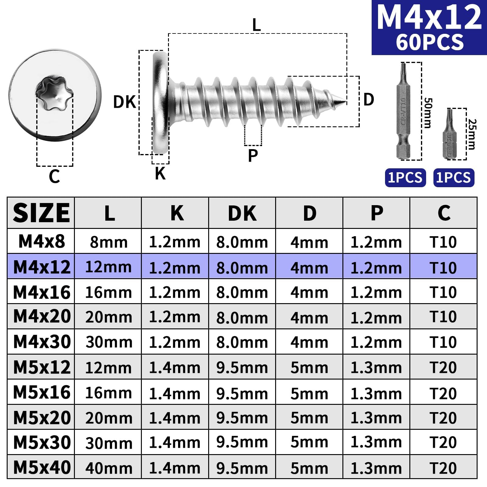 Mbsomnus M4 x 12 mm houtschroeven, roestvrij staal, 60 stuks, zelftappende torx-schroeven, 304 roestvrijstalen schroeven, houten schroeven, platte kopschroeven, torx plaatschroeven voor kasten, houten