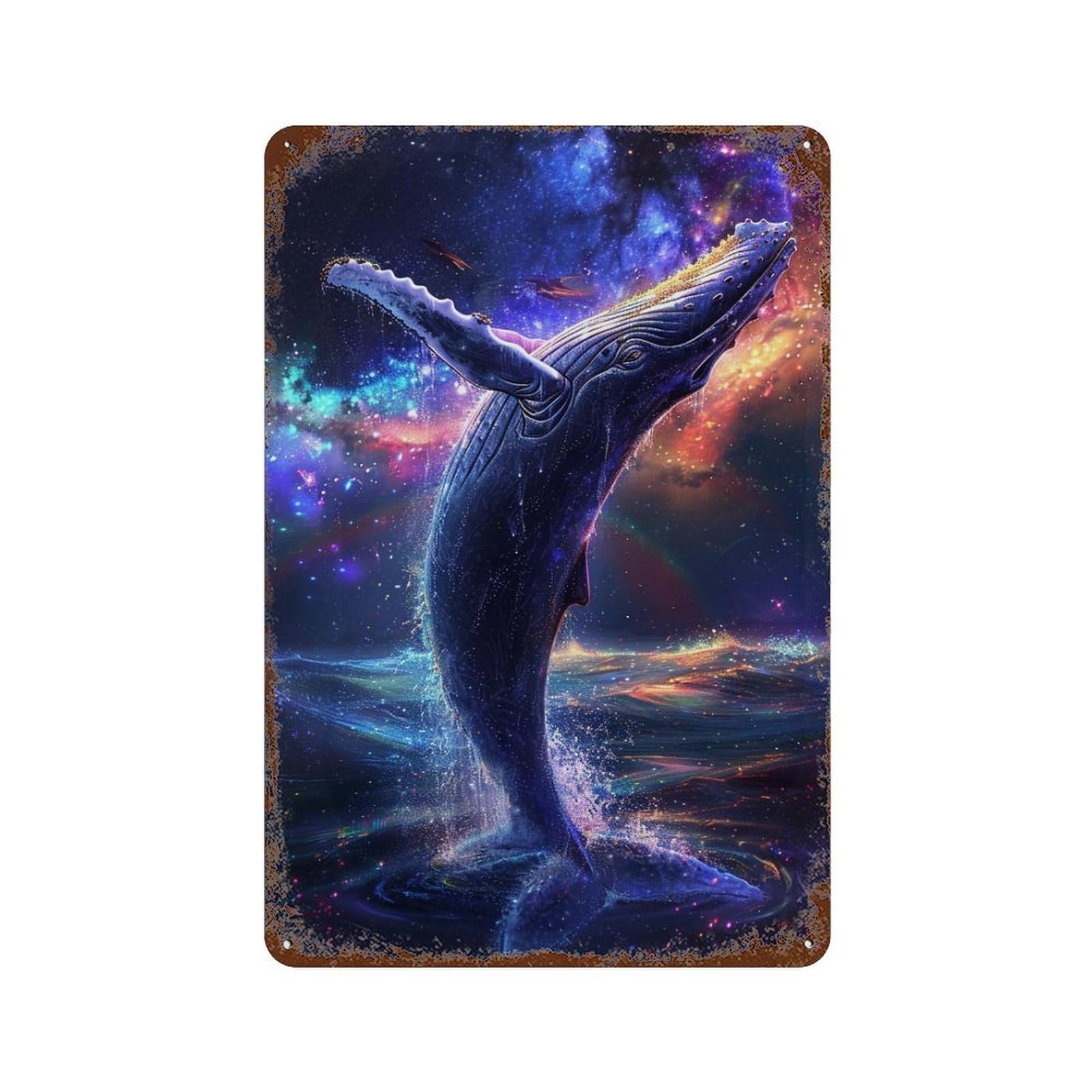 Whale in Space Artwork Weathered Tin Sign 11.8"x7.9", Rustic Home Decor for Garage, Pub Or Kitchen