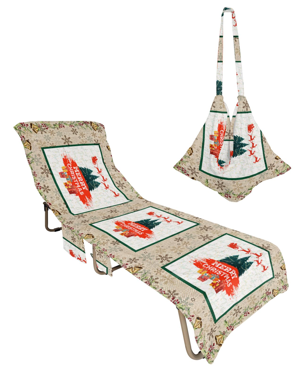 Christmas Tree Beach Lounge Chair Towel Cover, Soft Chaise Lounge Towel with Side Pockets Patio Pool Chairs Cover for Beach/Pool Sunbathing 29x85 Xmas Tree Bells Berry Botanical Farmhouse