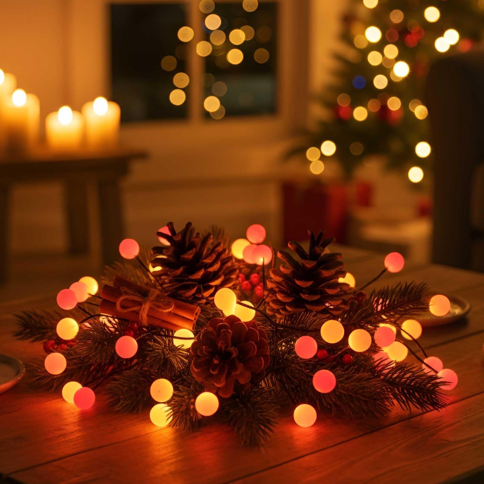 Qbis 40 Berry Cluster Lights - Outdoor/Indoor Christmas Lights with Timer, Battery Powered Fairy String Lights in Red, Orange & Yellow, Autumn and Fireplace Cosy Lighting, Great for Halloween Too!