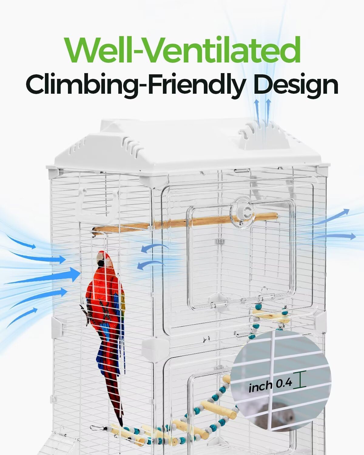 Clear View Bird Cage, Indoor & Travel Small Birdcage for Parakeet, Parrot, Budgies, Cockatiels, Canary |Easy Clean Safe Materials (White, Medium)