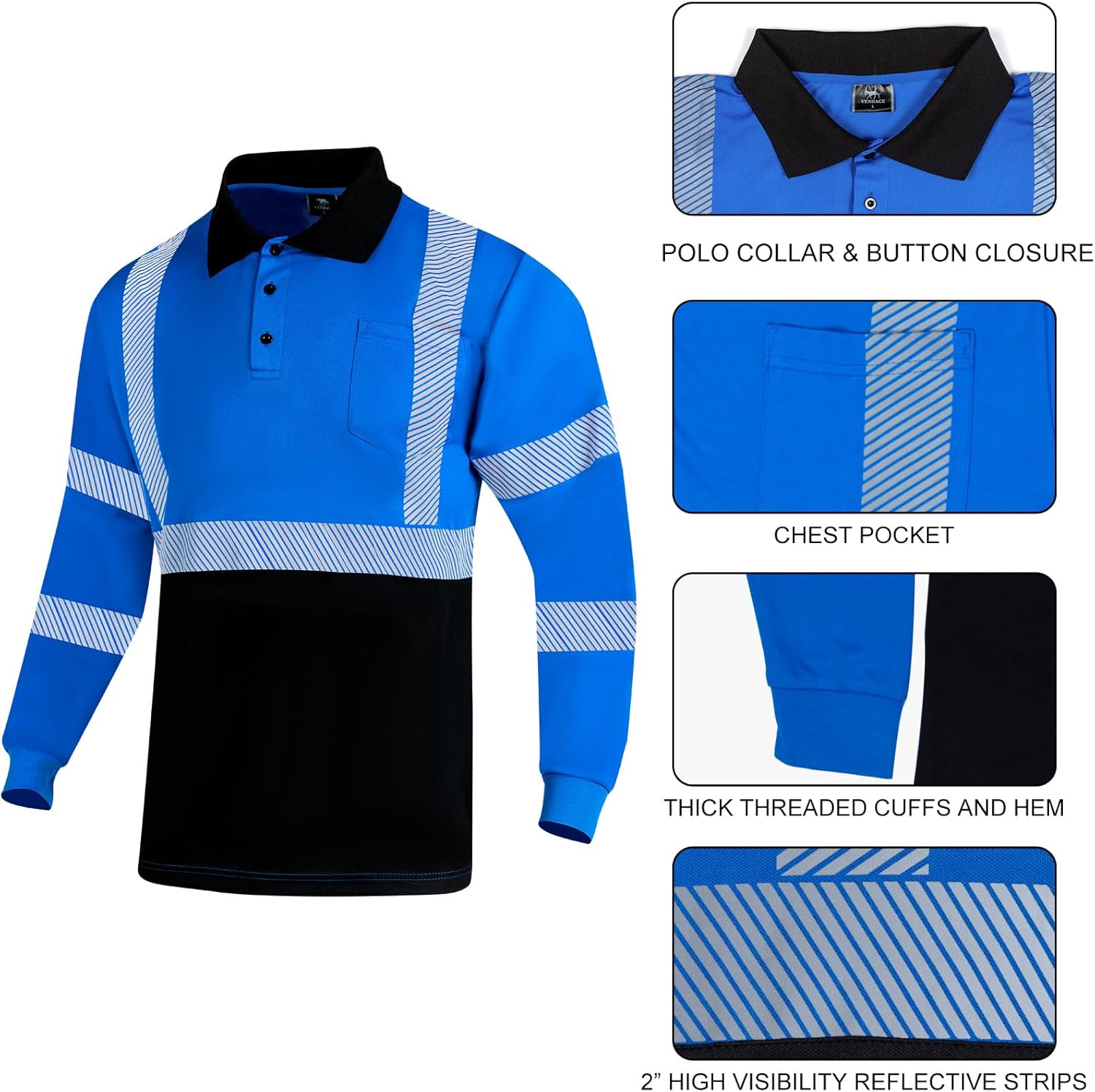 VENDACE 3 Pcs Hi Vis Safety Reflective Long Sleeve Polo Shirts for Men ANSI Class 3 High Visibility Construction Work Shirts - Image 3