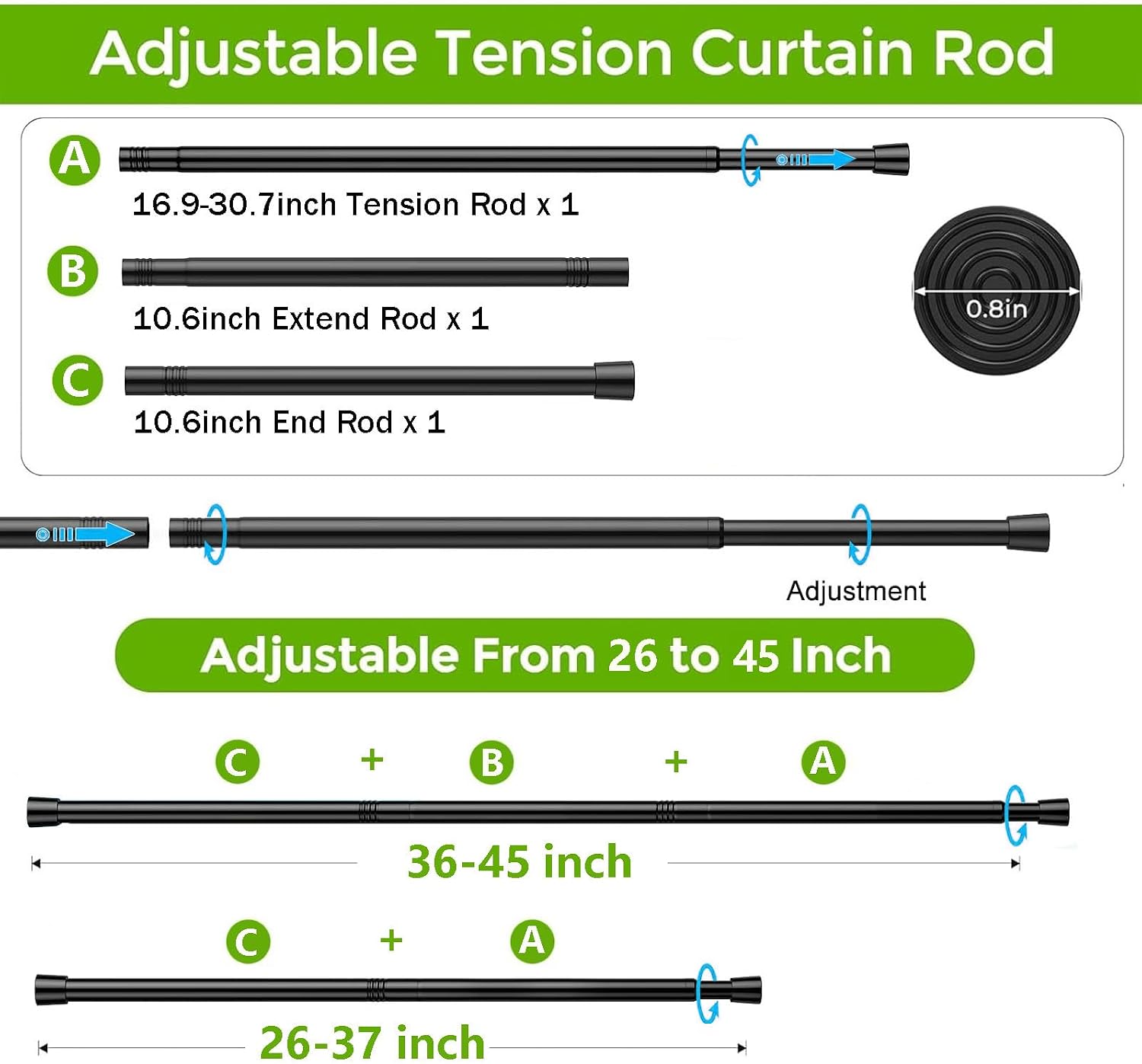 Spring Tension Rod 26-45", No Drilling Adjustable Black Curtain Rods