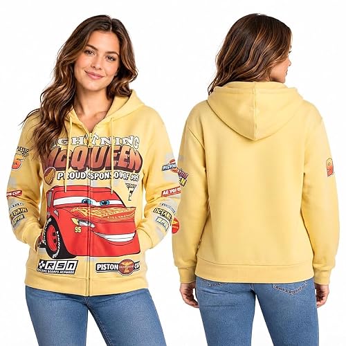 Disney Womens Hooded Cars Lightning McQueen Graphic Zip Up Sweatshirt