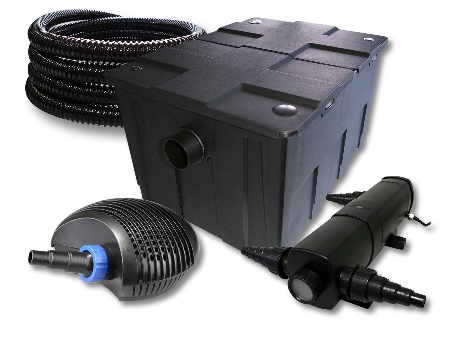 SunSun Kit complet: CBF-550 Filtre de bassin jusqu'à 60000 L Biologique, CTF-6000 SuperECO pompe de filtration 6000l/h 40W, CUV-224 lampe uv UVC Clarificateur avec 24W, 25m Tuyau 25 mm