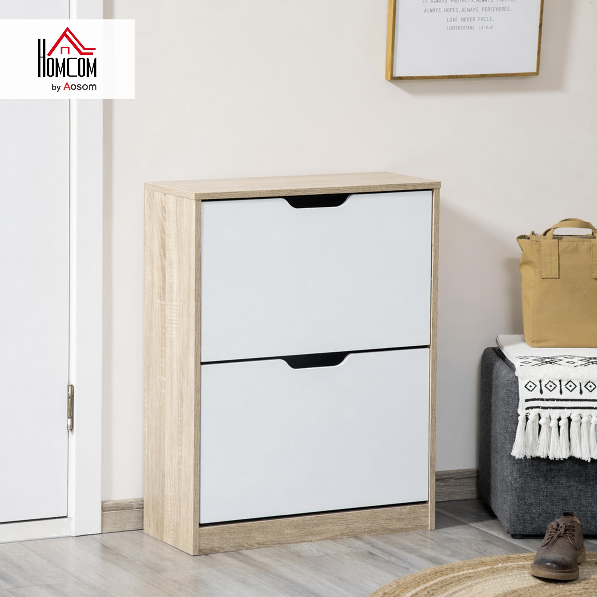 HOMCOM Scarpiera Salvaspazio Slim con 2 Ante a Ribalta, Scarpiera Ingresso con Ripiani Regolabili, Porta Scarpe per 8 Paia con Maniglia a Incavo, 62.5x26x81 cm, Color Legno e Bianco