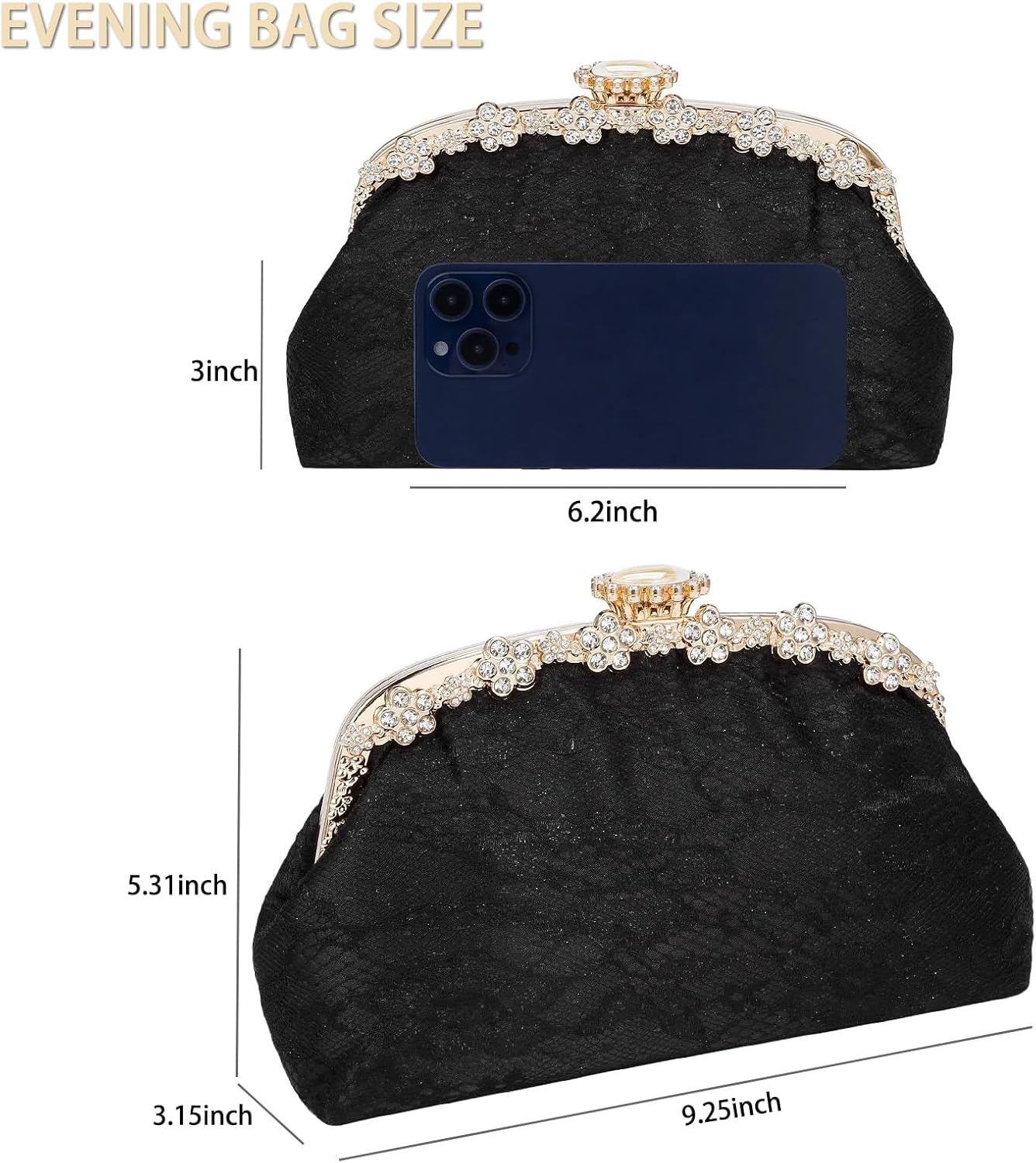 YYW Clutch Purse for Women Lace Formal Evening Bag with Rhinestones for Wedding Prom Party Clutch Shoulder Cross Body Handbag - Image 6