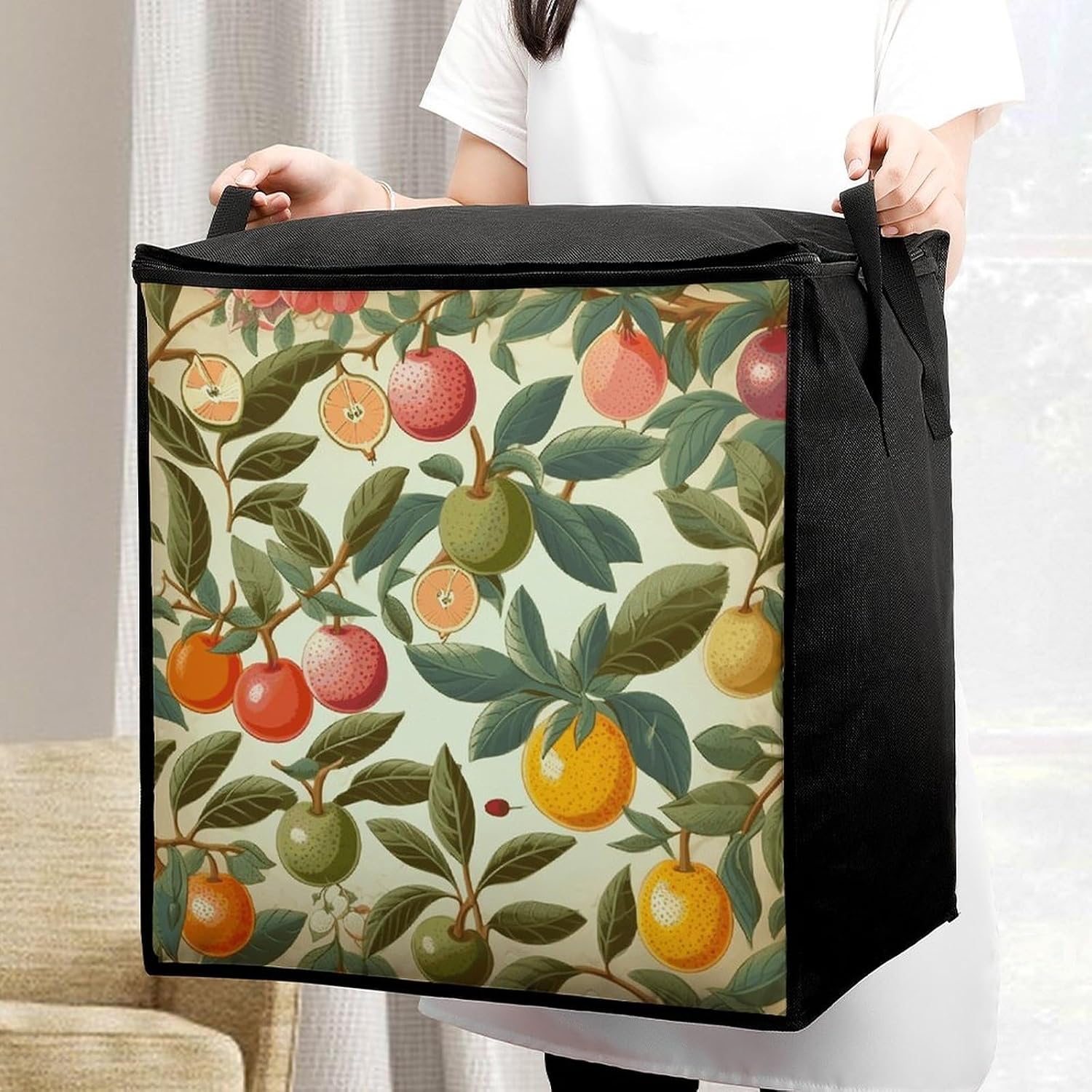 Plants And Fruits Storage Bag with Zippers And Handle Extra Large Bedding Comforter Storage Bag Foldable Blanket Storage Bags Fabric Moving Bags for Closet Organizer (70L)