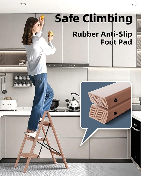 HillhutApex 3 Step Stool, Aluminum Foldable Step Ladder, Lightweight Stable Stool with Wide Non-Slip Pedals, 330lbs Bearing Capacity Ladder for Office,Home,Kitchen - Light Pink by HillhutApex - Image 5