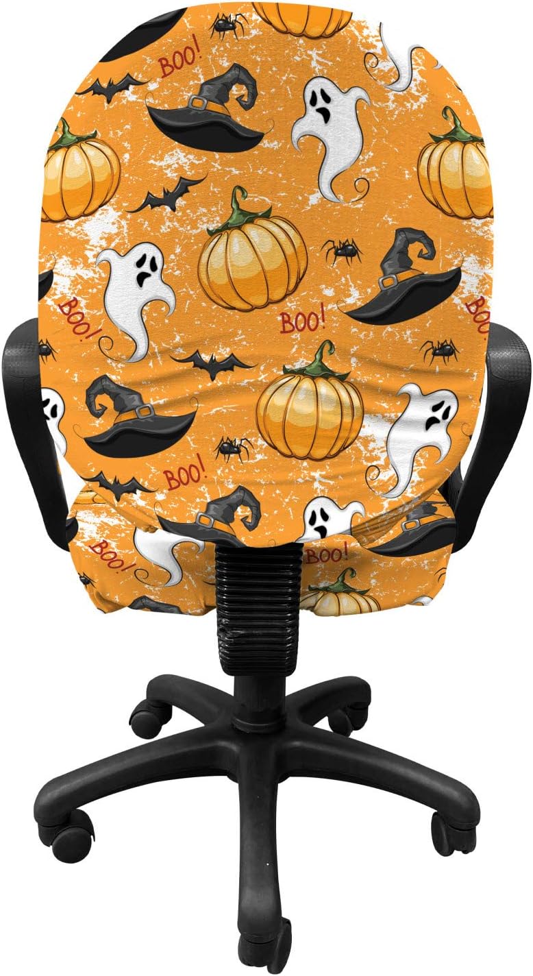 Ambesonne Ghost Office Chair Slipcover, Pattern with Ghost Pumpkin and Wizard Hat on Weathered Orange Background, Protective Stretch Decorative Fabric Cover, Orange and Multicolor