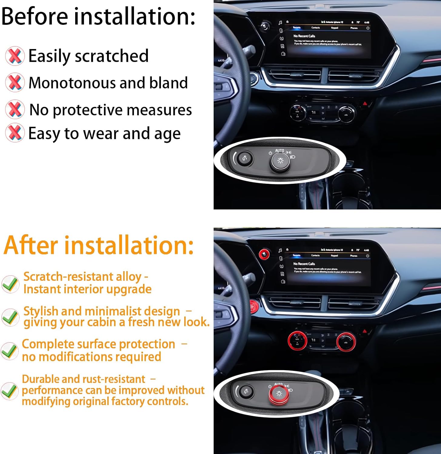 6PCS Knob Covers for 2024-2026 Chevy Trax/Trailblazer for Buick Envista/Encore GX. Fits AC, Volume, Start & Headlight. Aluminum Trim. (NOT for Avenir, LS, 1RS) (red)