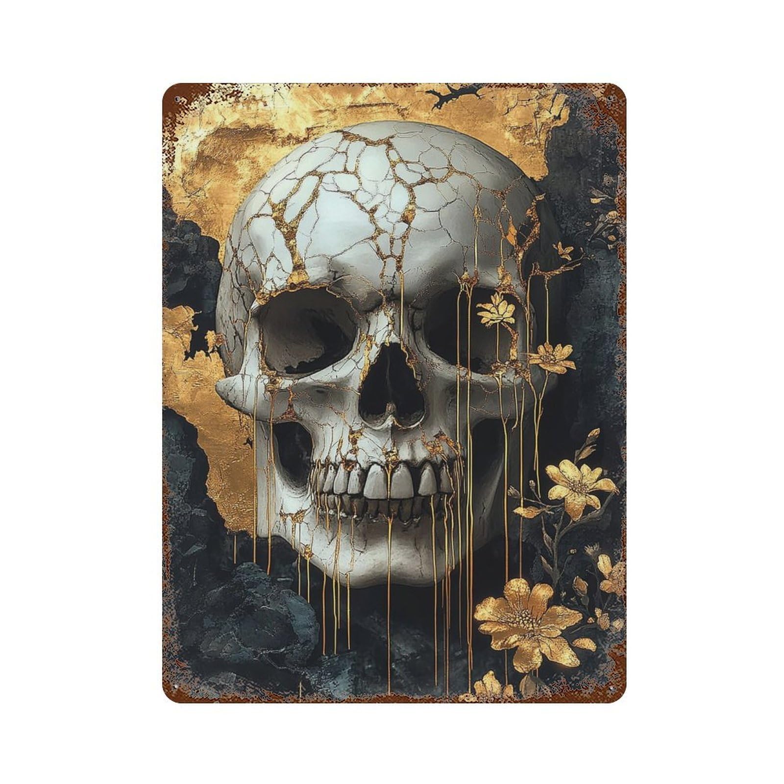 Golden Skull Wall Art Decor Rustic Tin Plaque 15.7"x11.8", Industrial Home Decor for Pub, Kitchen And Man Cave Decor