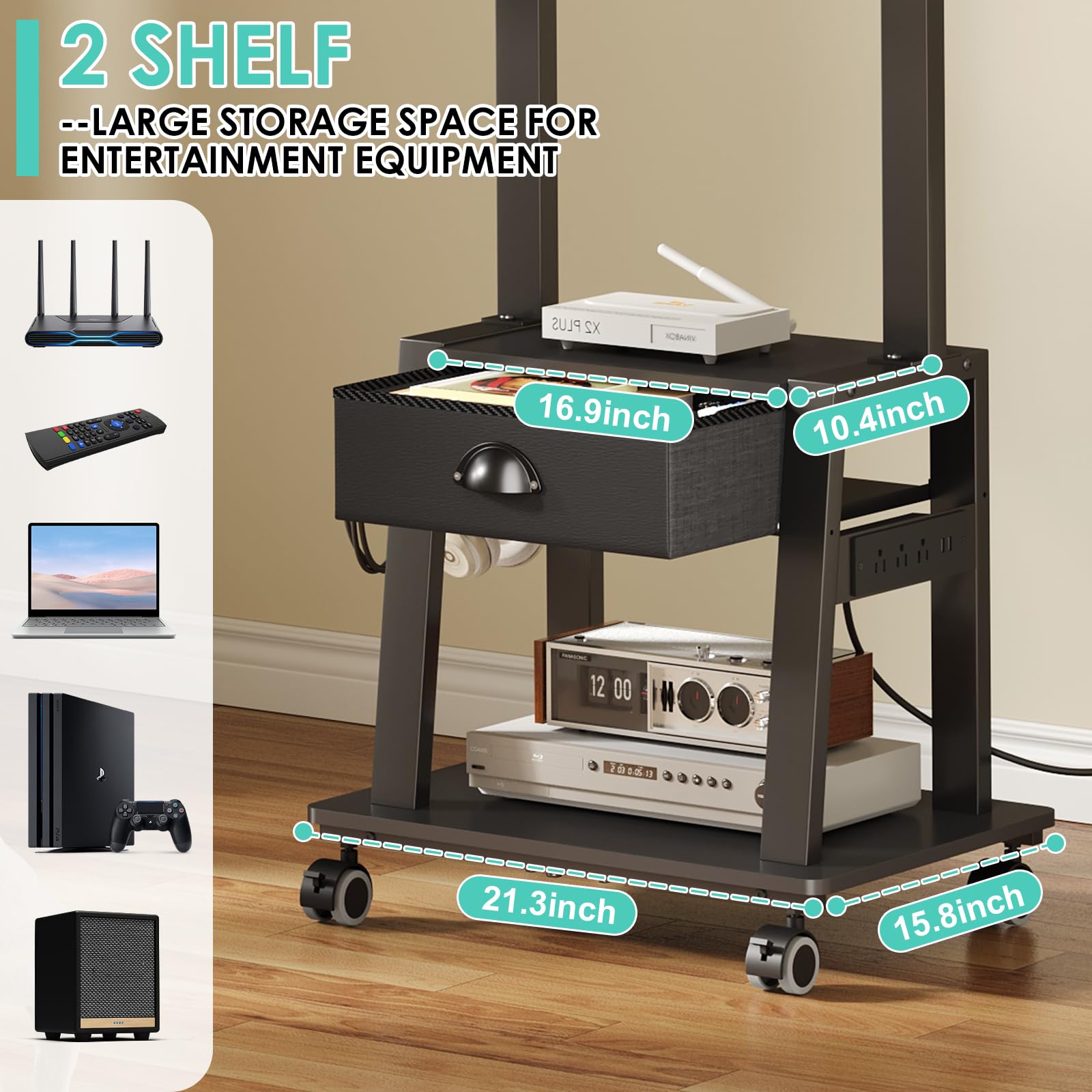 Mobile TV con presa di corrente, carrello TV inclinabile con cassetto per schermo piatto/curvo da 23-60 pollici fino a 22,7 kg, supporto portatile per TV su ruote, per interni ed esterni, VESA max 400