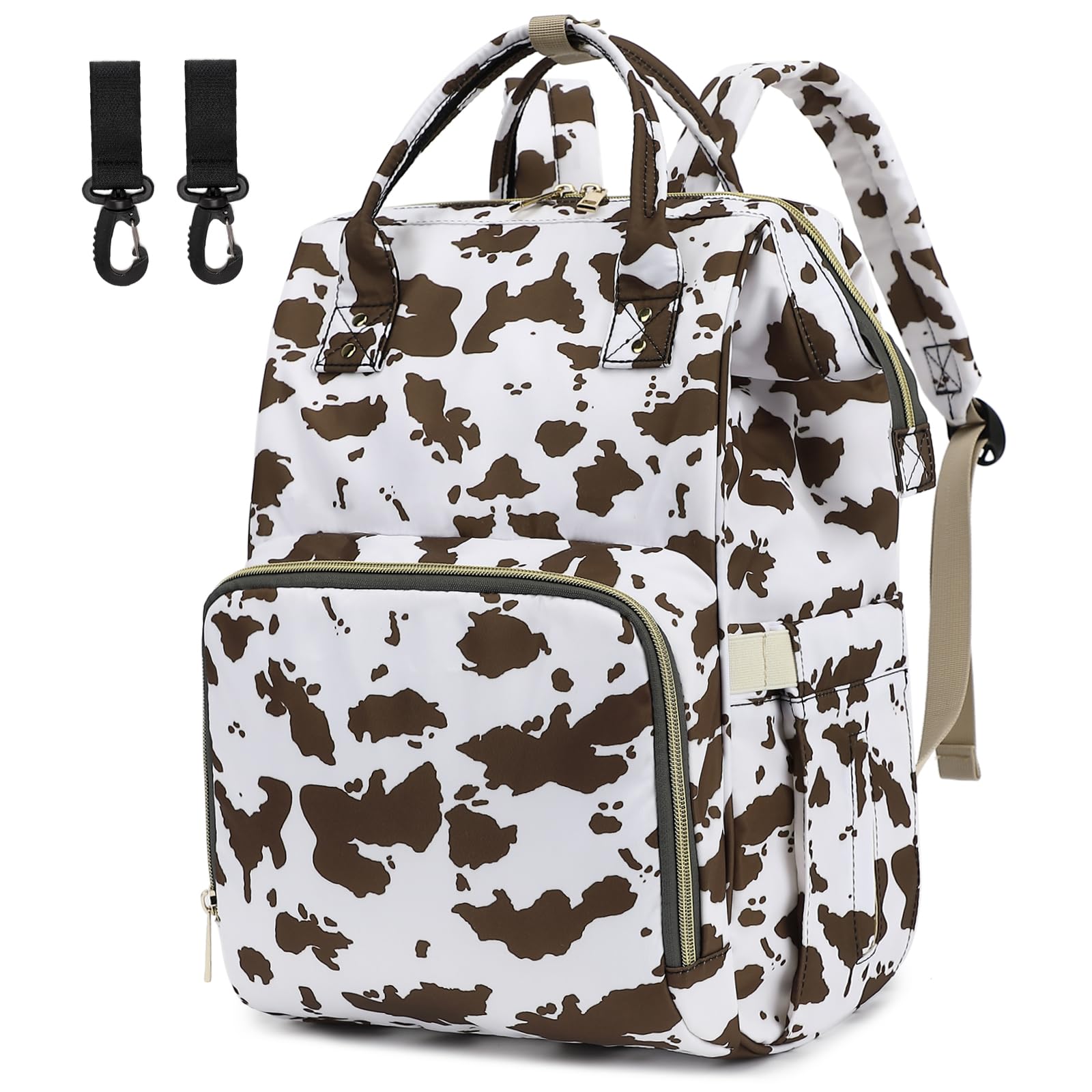 Yusudan Diaper Bag Backpack for Baby Girls, Mom Waterproof Large Nappy Bags for Women, Cow Print Brown, Modern
