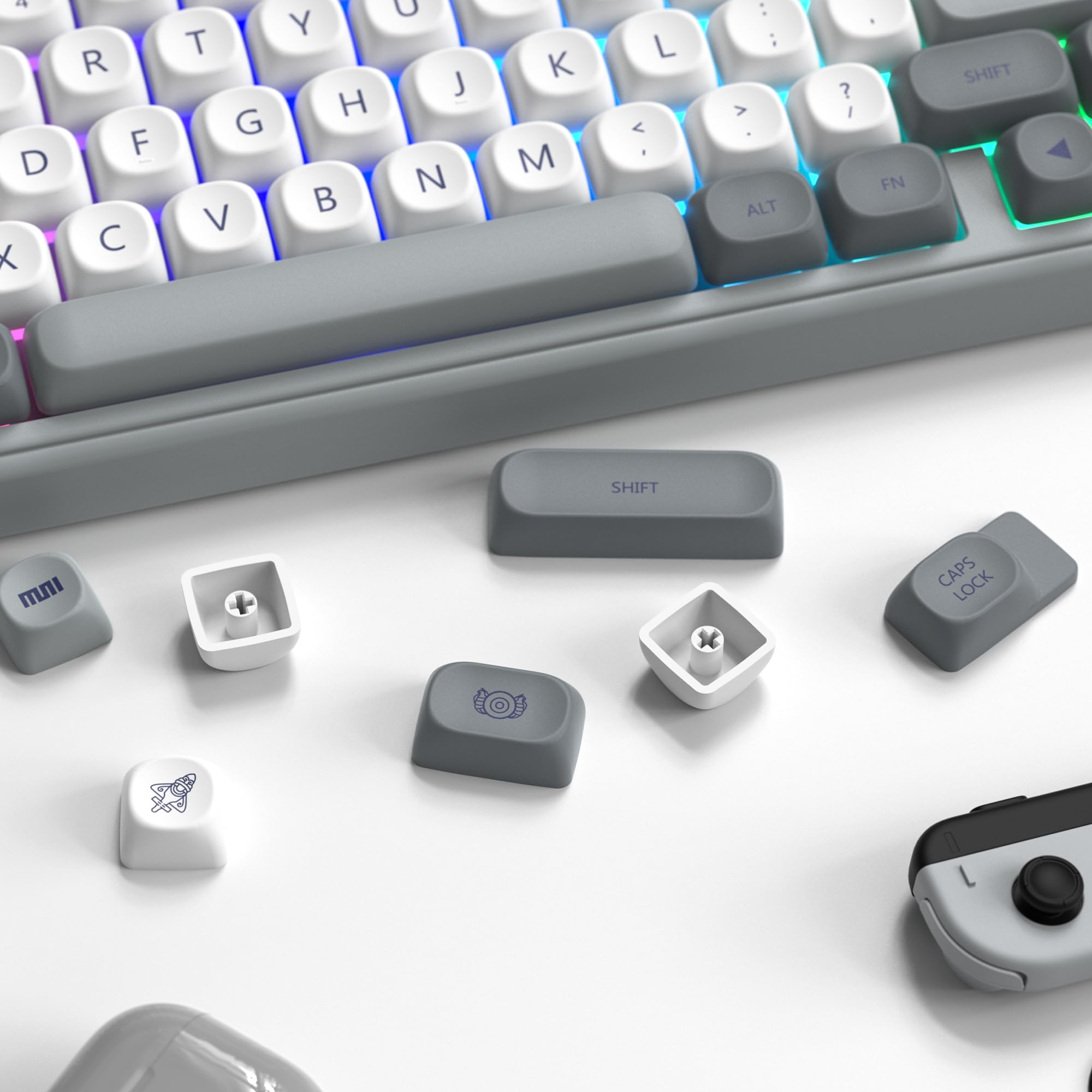 Womier PBT MOAキーキャップセット 昇華プリント ホワイト/グレー 日本風 | レトロデザイン, 100%/75%/65%/60%対応, MX軸対応, TKL US配列対応, カスタム交換用