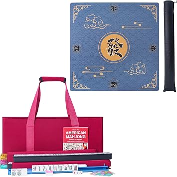 ZGME American Mahjong Set,166 Tiles with Red Bag,4 All-in-One Mahjong Racks with Pushers,Complete Western Mah Jongg,Mah-Jongg,Mahjong Mat,Anti Slip & Noise Reduction Table CoverBlue,31.5 x31.5 in