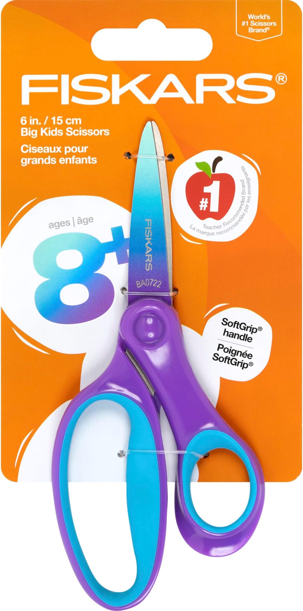 Softgrip 6" Big Kids Scissors for Ages 8-11, Scissors for School or Crafting, Turquoise-Purple Ombre