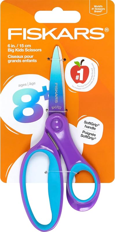 6" Softgrip Big Kids Scissors, Ages 8-11, Turquoise-Purple Ombre | Scissors with Safety Edge Blades for School or Crafting, Ergonomic Handles Designed for Growing Kids, Back to School Supplies
