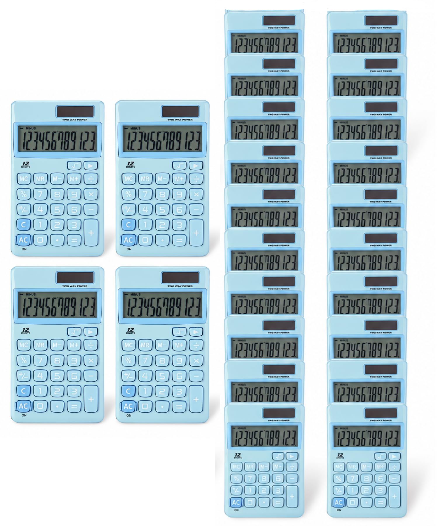 Mr. Pen - Calculatrice de fonction standard, 12 chiffres, lot de 24, petite calculatrice solaire bleu clair de poche