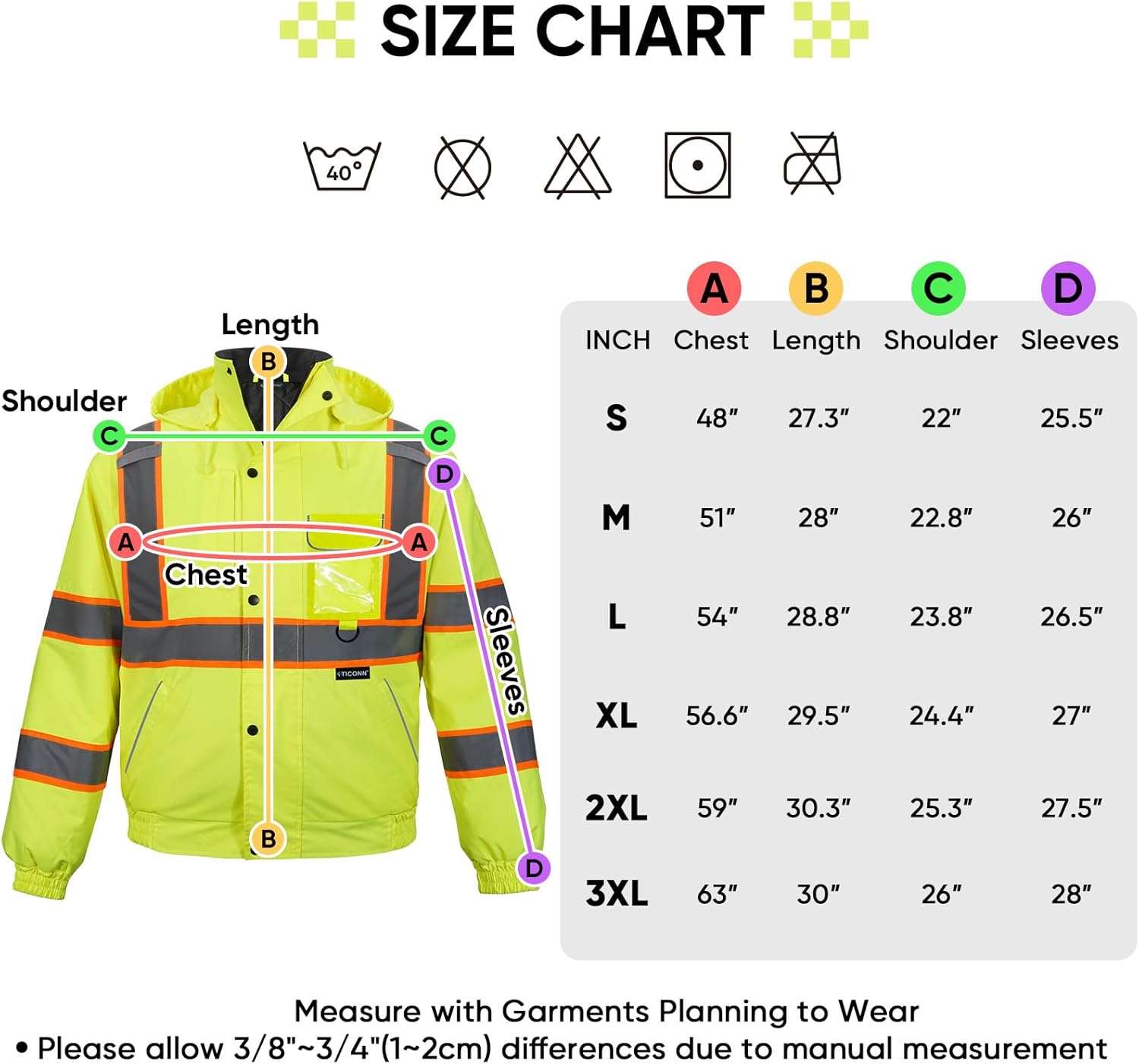 TICONN Waterproof Safety Bomber Jacket, Hi Vis Reflective Rain Jacket, ANSI Class 3 Work Rain Coat for Men Women