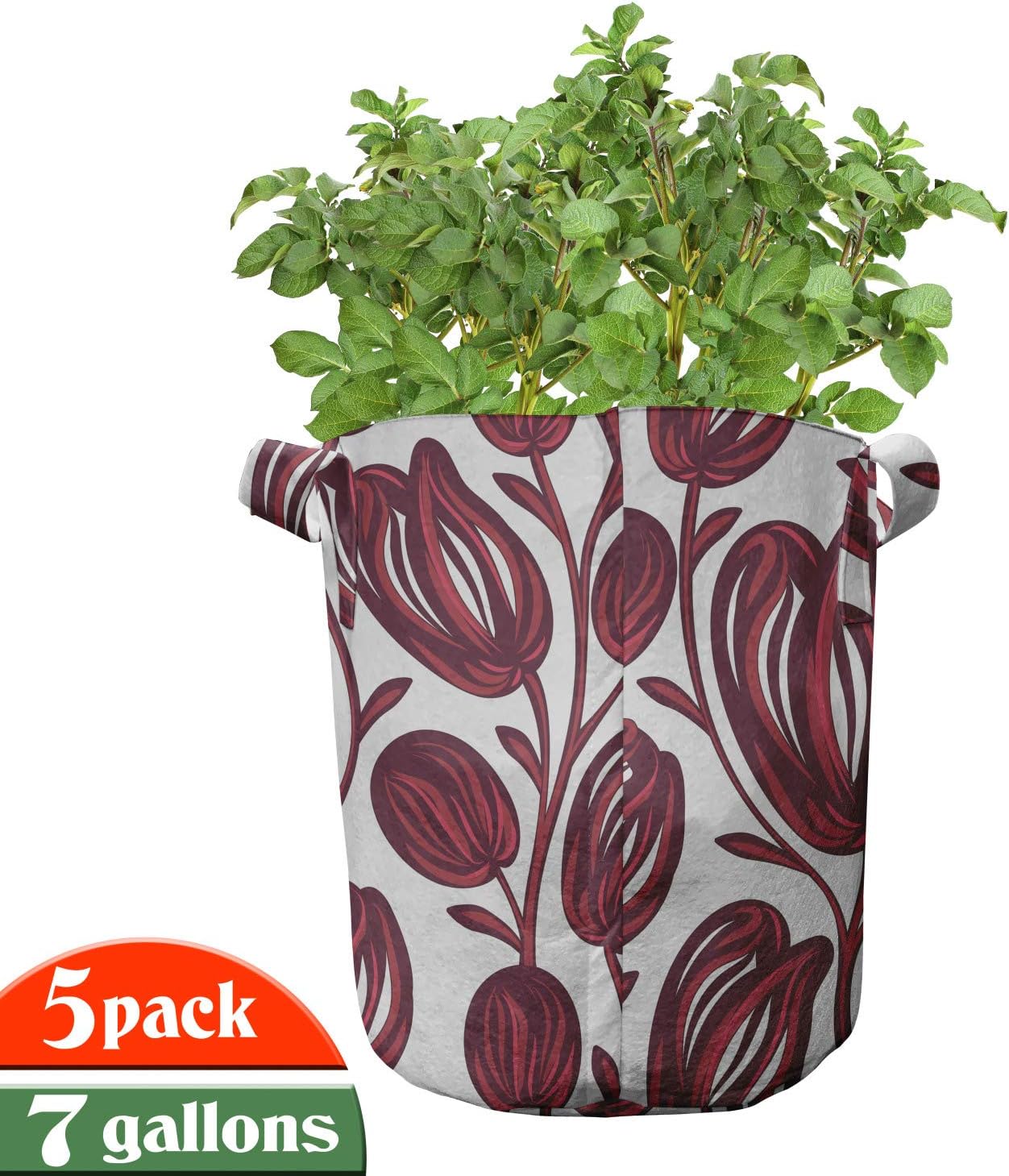 Lunarable Flower Grow Bags 5-Pack, Feminine Greyscale Tulip, Heavyduty Fabric Pots with Handles for Plants, 7 Gallon, Dark Coral and Grey