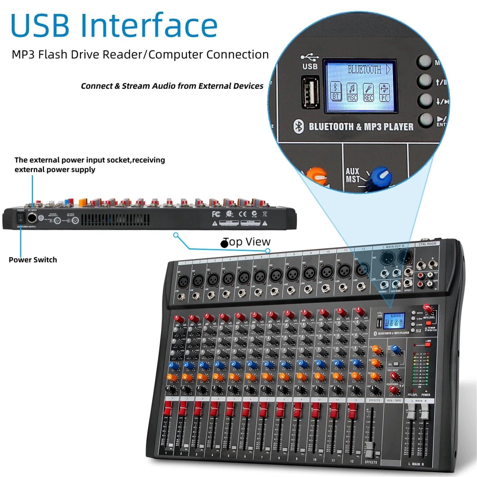 Controller DJ, Mixer professionale a 12 canali, console da studio, ingresso USB MP3, alimentazione Phantom 48 V, console DJ