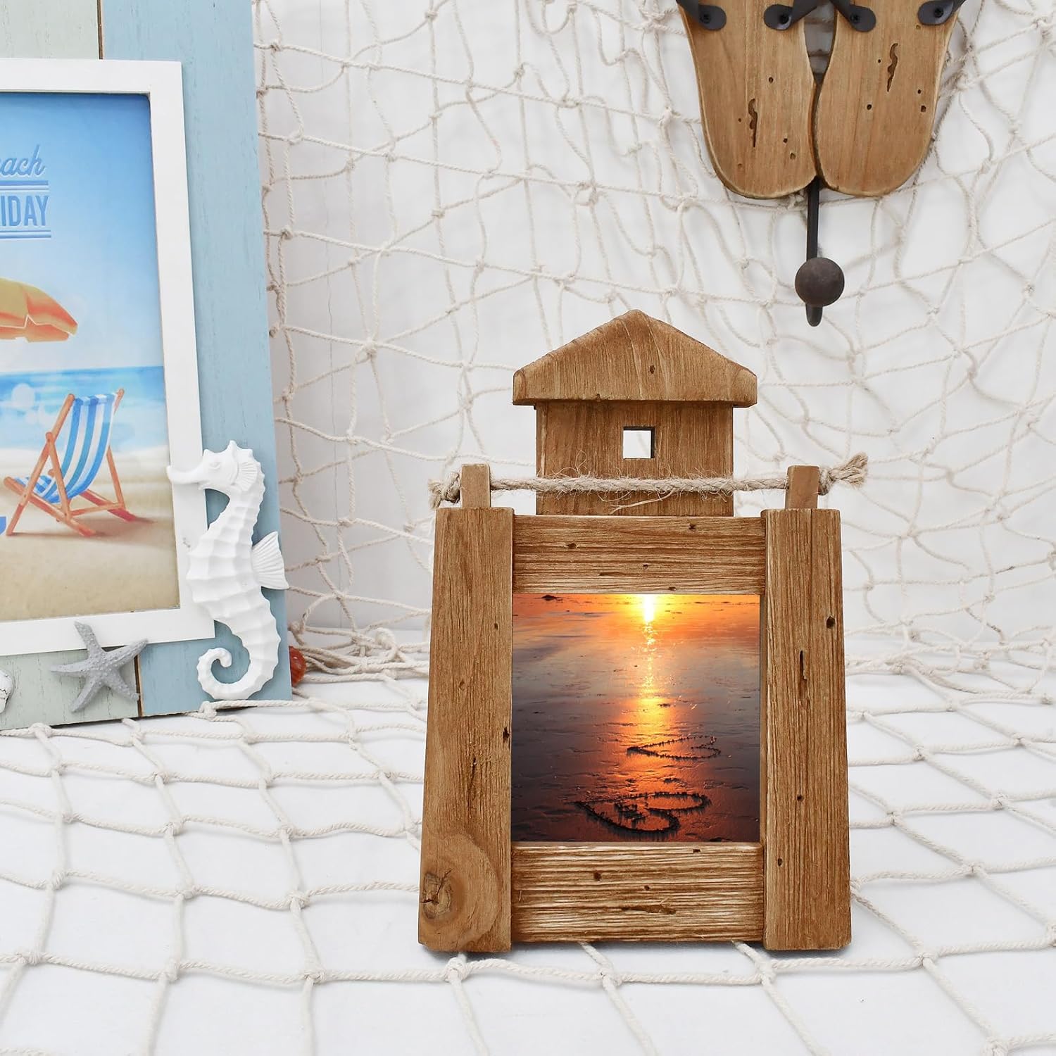 4x6 Picture Frame Rustic Wood Photo Frame Beach Home Decor, Handmade Nautical Lighthouse Shaped Photo Frame with HD Glass and Easel for Tabletop Decor (S M)