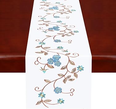Double Thickness Rustic Embroidered Floral Table Runners for Spring and Summer, Dresser Scarf Teal, 14 53 Inch