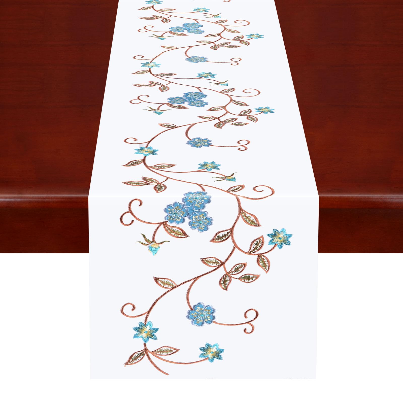 Simhomsen Double Thickness Rustic Embroidered Floral Table Runners for Spring and Summer, Dresser Scarf (Teal, 14 × 70 Inch)