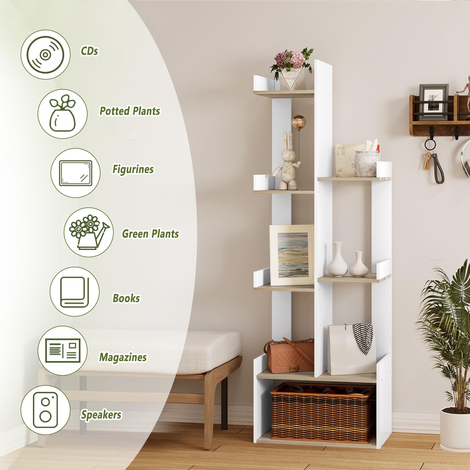 EUGAD Librería en Forma de Árbol con 8 Compartimentos, Color Blanco, Roble