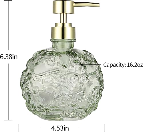 Miniatura 3 de Dispensador de jabón de vidrio en relieve floral verde salvia, dispensador de jabón recargable para baño, cocina y encimera, respetuoso con el medio