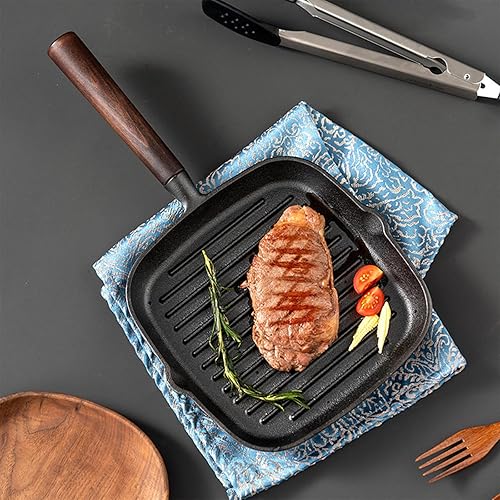 Miniatura 7 de JUSTUP Sartén cuadrada de hierro fundido, sartén antiadherente con boquillas de vertido, sartén acanalada pre-sazonada con mango resistente al