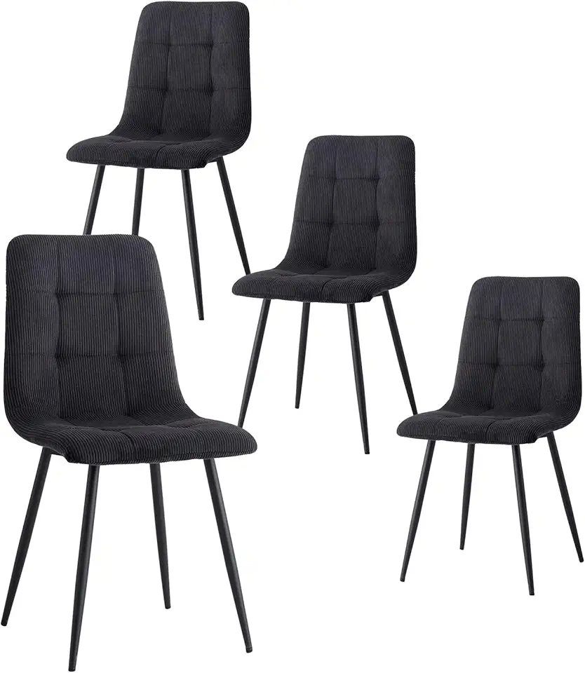 Lot de 4 Chaises de Salle à Manger Modernes, Confortables, en Velours Côtelé, sans Accoudoirs, avec Pieds en Métal, Idéales pour Les Chambres, Les Bureaux et Les Salons, Noires-DX
