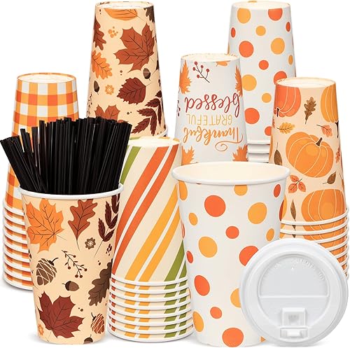 Paquete de 60 tazas de café de papel de otoño de 16 onzas, tazas de café de papel de Acción de Gracias, tazas de café desechables con tapas y