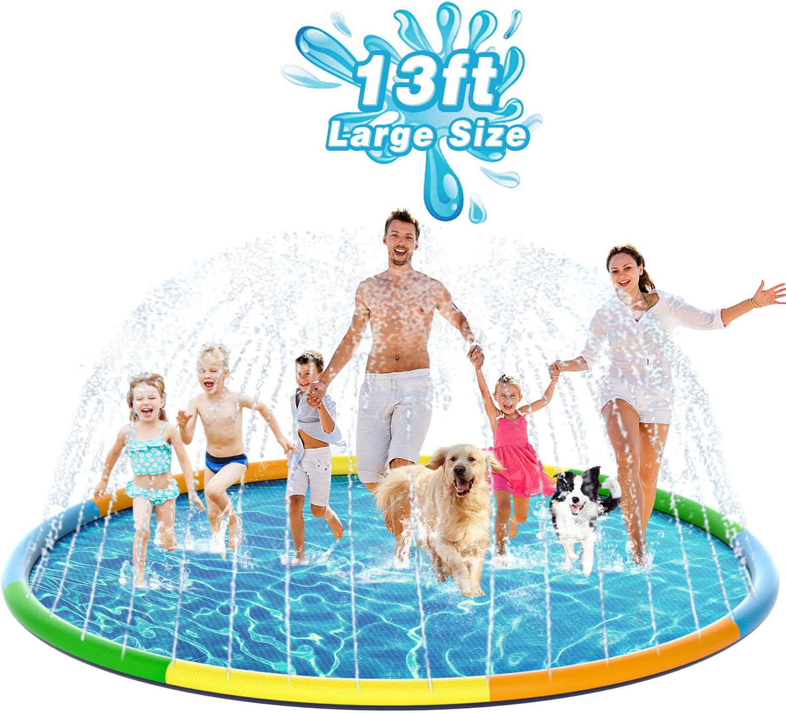 EPN Splash Pad, 13 Ft Size Extra Large Sprinkler Play Mat for Dogs & Kids, Thicker Pool Summer Outdoor Water Toys Fountain Pad for 3+ Children & Pets
