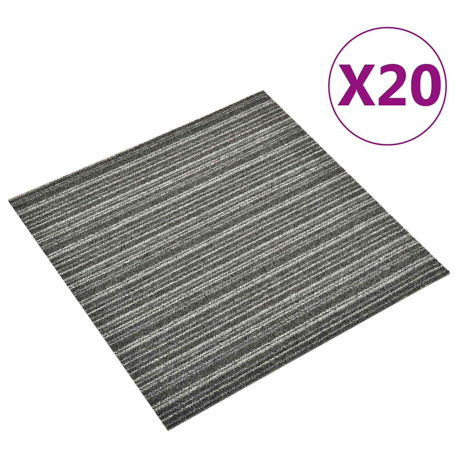 20er Set Teppichfliesen 50x50 cm, Modularer Bodenbelag aus Polypropylen für ca. 5m², Gestreiftes Anthrazit, Strapazierfähige Bodenfliesen für Innenbereich und Home Office