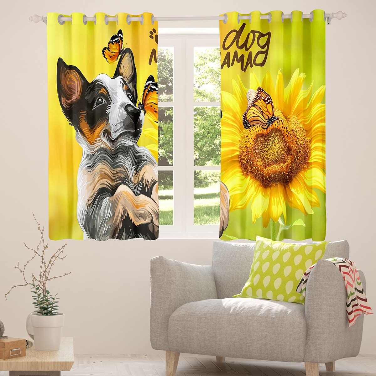 Pies zasłony zaciemniające (30%-50%) uroczy pies zasłona słonecznik kwiatowy motyl zaciemniające okna na okna zasłony do sypialni szer. 52 * dł. 63