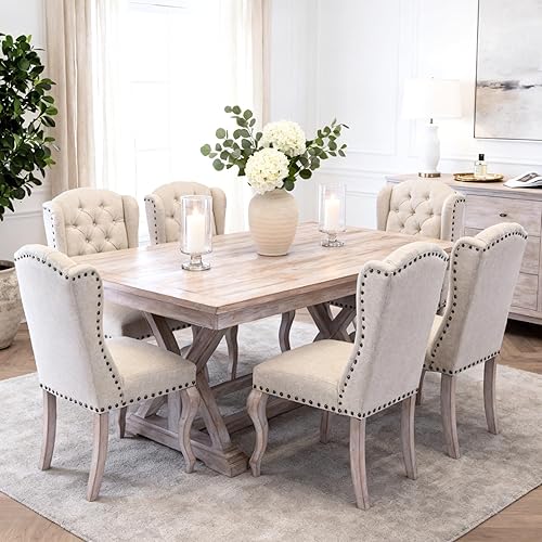 Miniatura 4 de chairus Parsons - Juego de 2 sillas de comedor tapizadas estilo rústico francés con ribete de cabeza de clavo y patas de madera curvas, sillas de