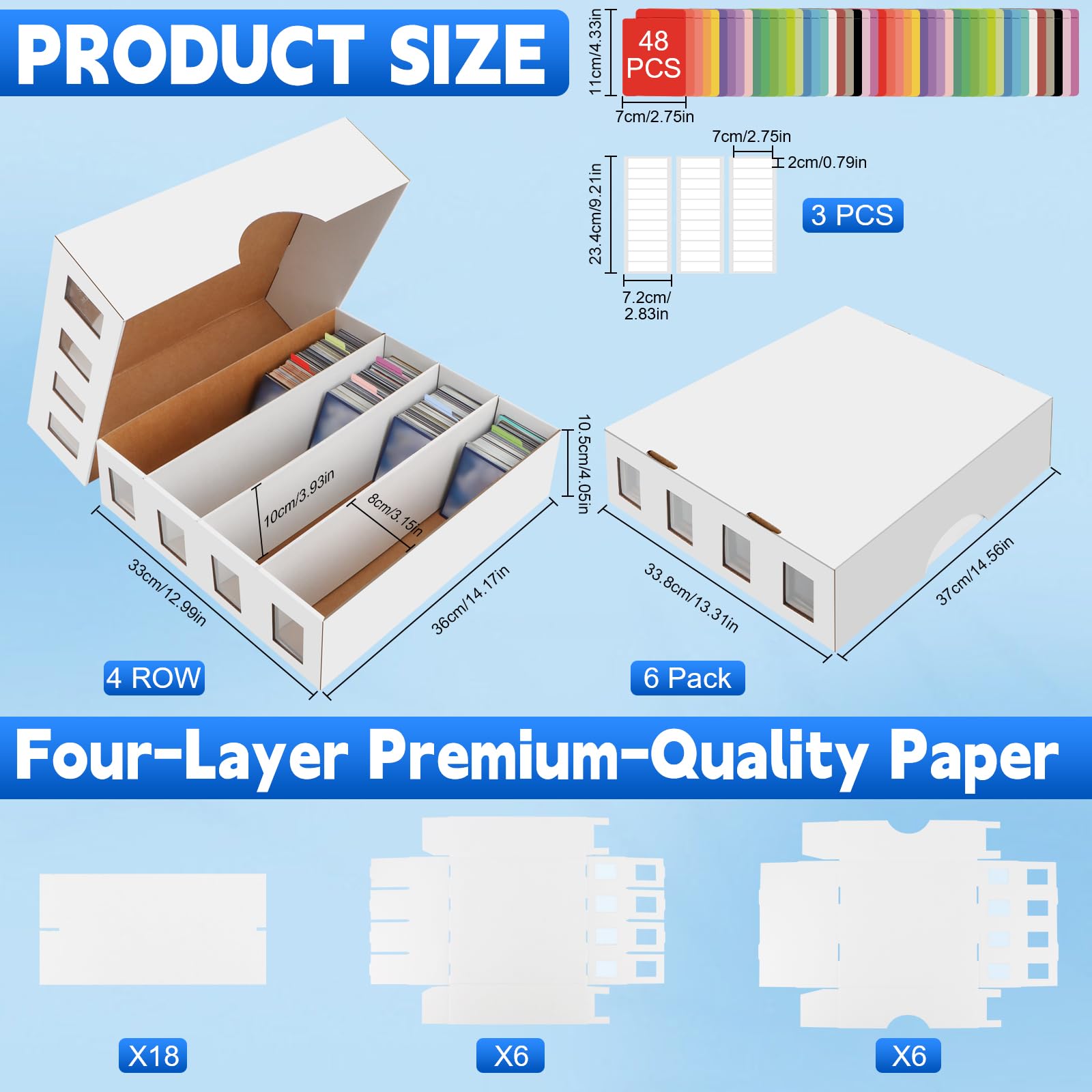 HIMOMO 6 Scatole Porta Carte Collezionabili a 4 File, Fino a 3120 Carte per Scatola, con 48 Divisori Colorati ed Etichette, per Carte TCG, Sportive, Bustine e Toploader