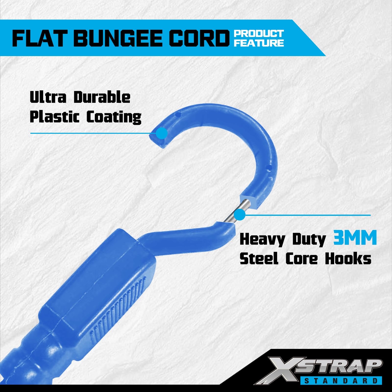 XSTRAP STANDARD 2 szt., 187 cm, płaski sznurek, bungee, wytrzymałe, regulowane, długie paski z haczykami do ciężarówki, na kemping, motocykl, do samochodów, rowerów, bagażnika, niebieski