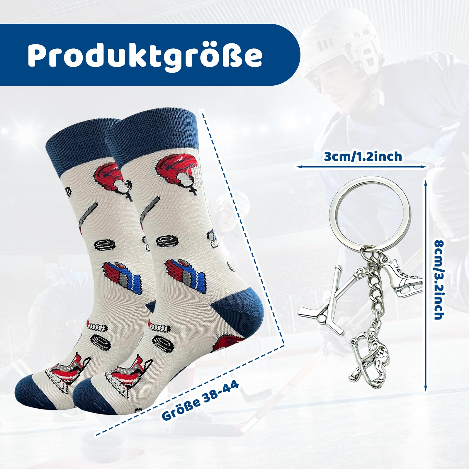 Set regalo per hockey su ghiaccio – divertenti calzini da hockey su ghiaccio da uomo con portachiavi, calzini da hockey su ghiaccio, regalo perfetto per giocatori e fan a Natale
