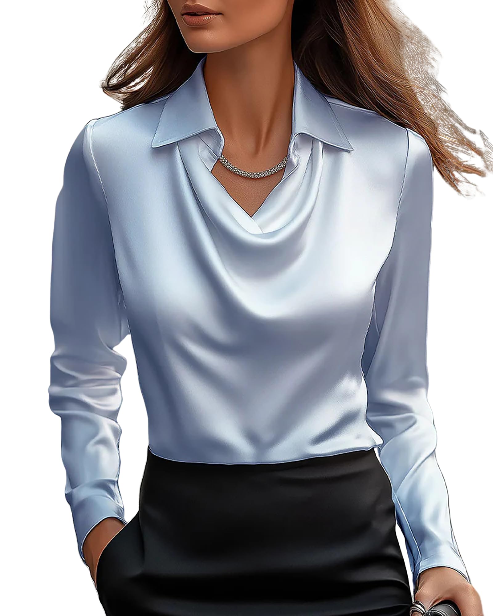 Llecdaseui Women's Blue Elegant Cowl Neck Satin Blouse Long Sleeve Office Work Shirt Silk Top (Xxl,)