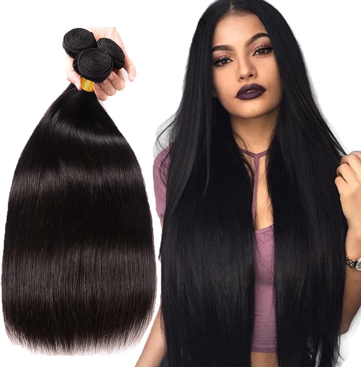 HEHUB 100% Brazilian Human Hair Bundles, 14 16 18 Inches Straight 3 Bundles 8A Unprocessed Virgin Hair Extensions Natural Color Black