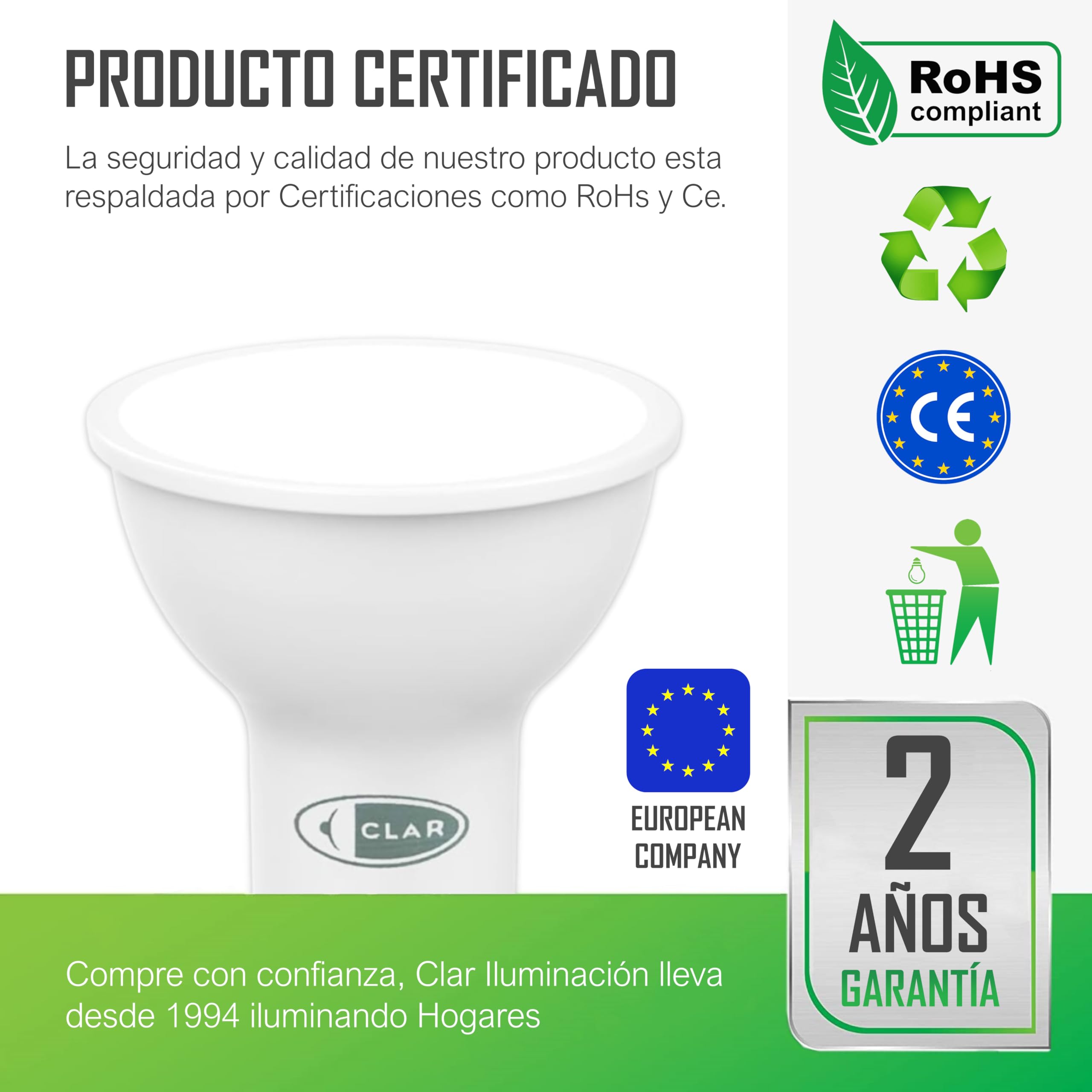 CLAR - GU10 4000K, GU10 LED, Bombilla LED GU10, Ojos de Buey, 9W, Ojo Buey LED (Pack 100)
