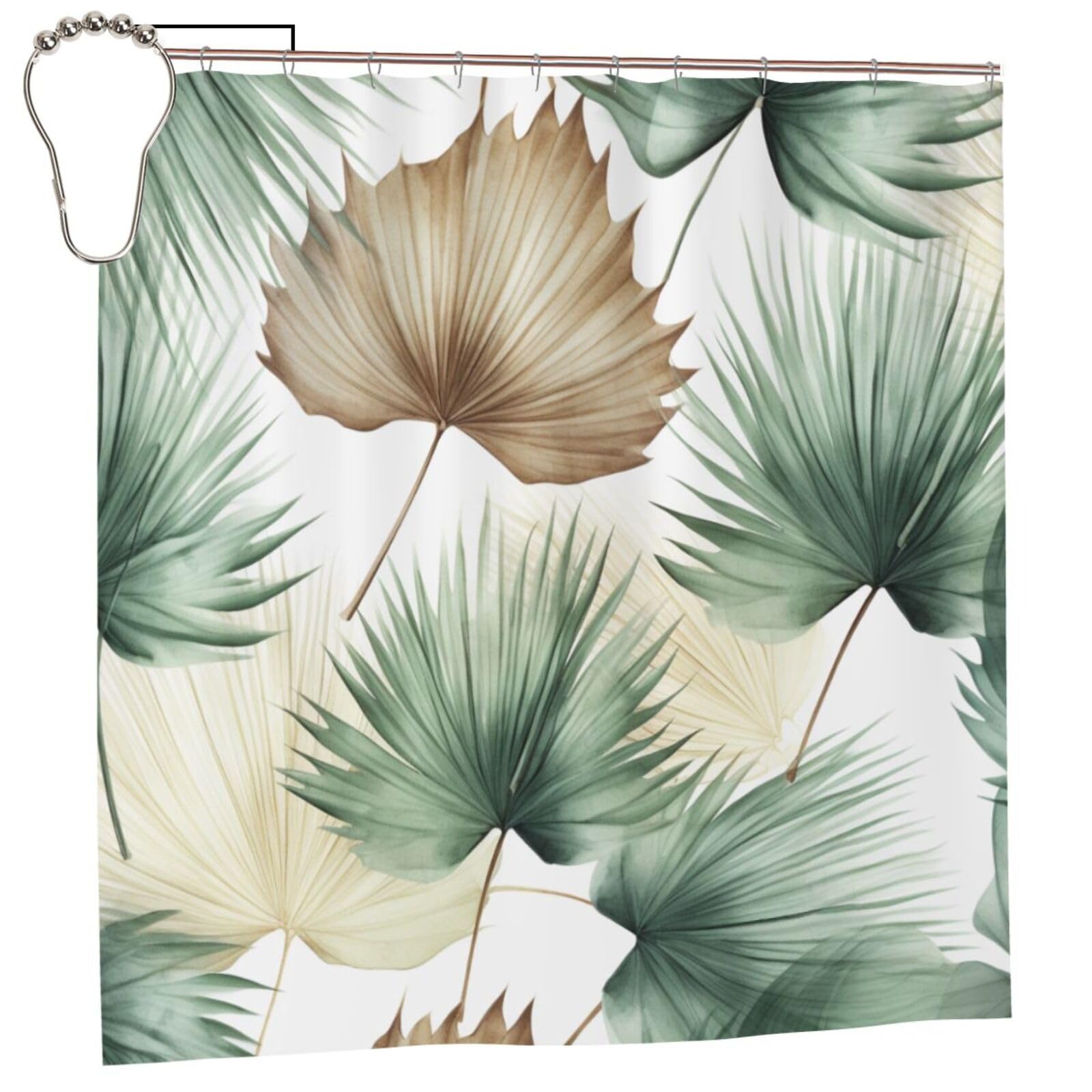 BWWHCCTI palm leaves Printed Shower Curtain With 12 Iron Hooks Opaque Quick Drying Waterproof Shower Curtains Sets For Bathroom 183x183 CM
