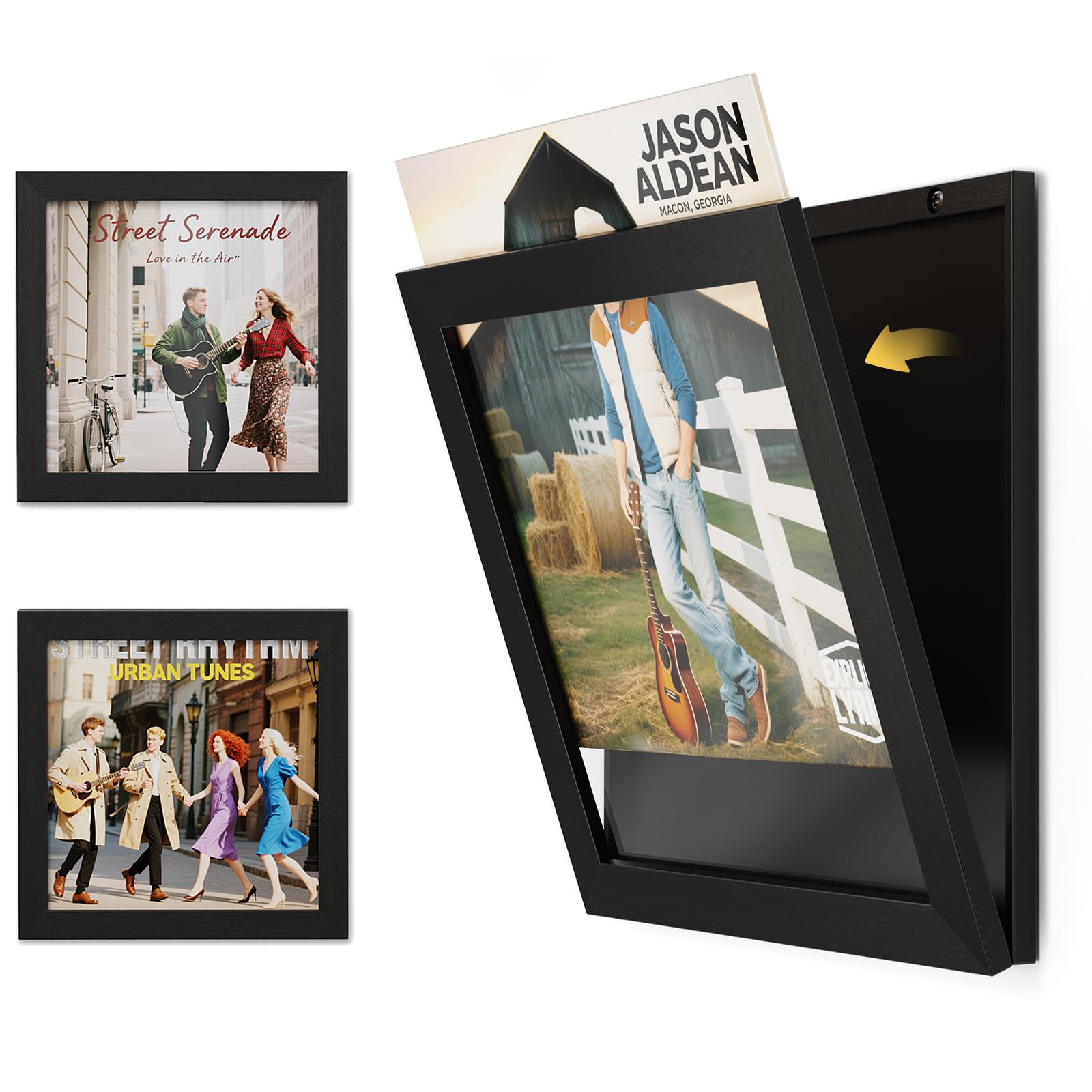 Porta Vinili Da Parete Con Apertura Frontale – 2 Pezzi, Legno Vintage Nero Per Copertine 12x12 Pollici