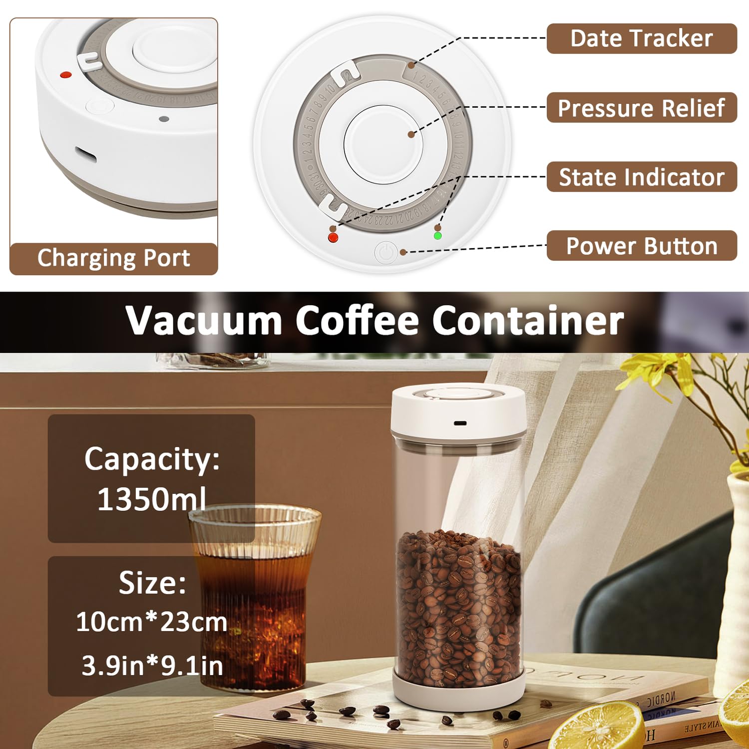 Automatische Vakuum-Kaffeedose, 1,35 l, luftdichte Kaffeedose für 530 ml Kaffeebohnen, Ein-Knopf-Bedienung & Datums-Tracker, Kaffee- und Lebensmittelaufbewahrungsbehälter, Kaffeebarzubehör