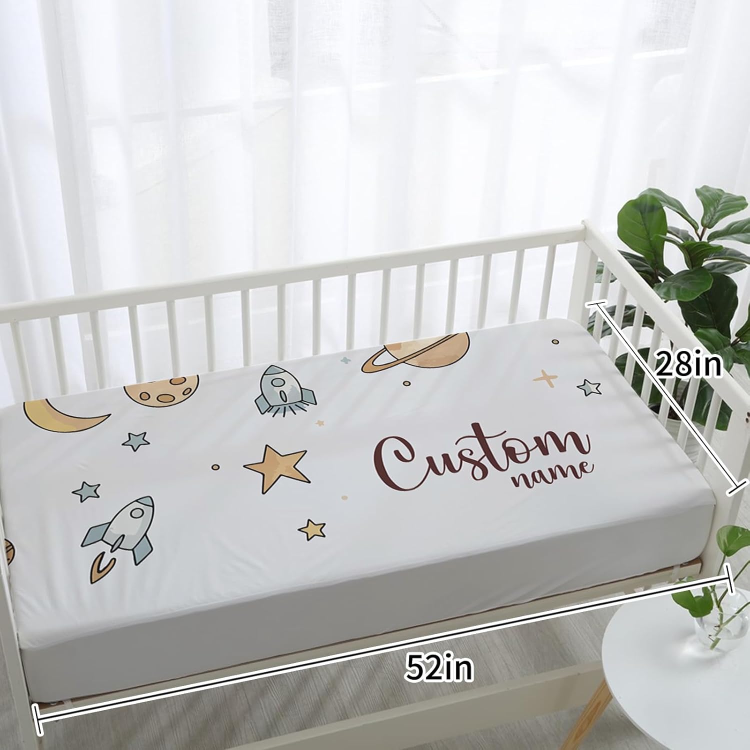 Personalized Baby Crib Bedding Set 5PCS, Custom Name Crib Set with Soft Baby Blanket, Fitted Sheet, Changing Pad Cover, Room Rug & Wall Art Set, Rocket Planet Theme Nursery Décor for Newborn Boys