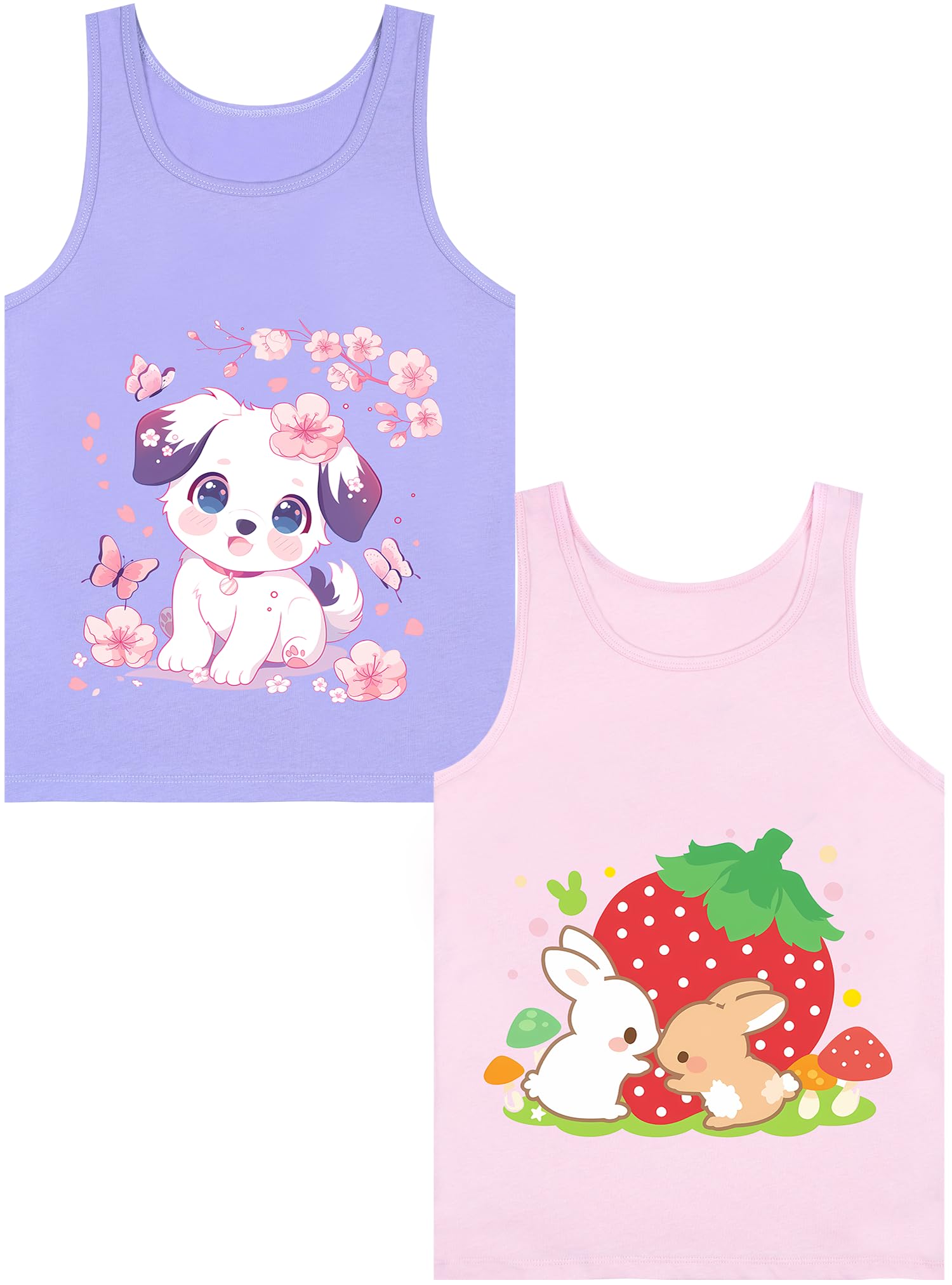 Girls Tank Tops Soft Pure Combed Cotton Tagless Cute Design 2-Pack 2T-16Y
